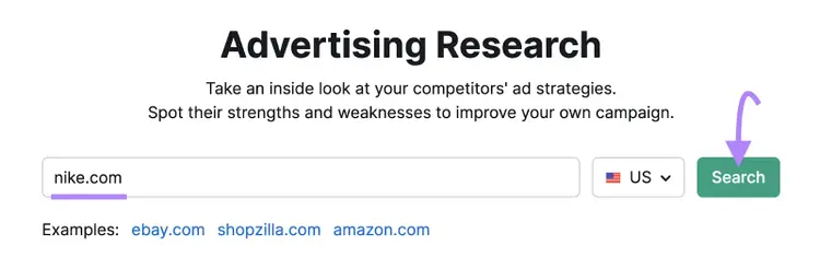 "nike.com" inserido na ferramenta de pesquisa de publicidade