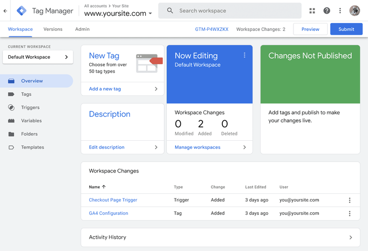 Página inicial do Google Tag Manager