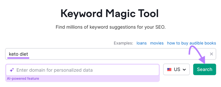 Barra de pesquisa da Keyword Magic Tool com "dieta cetônica"