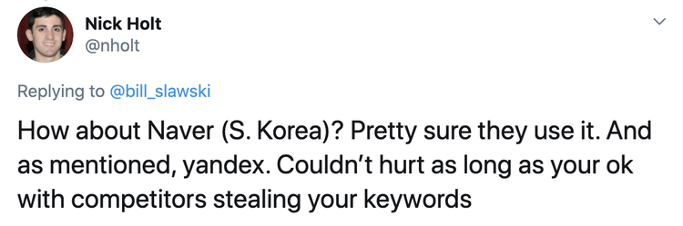 Twitter post from Nick Holt about Naver and Yandex using meta keywords