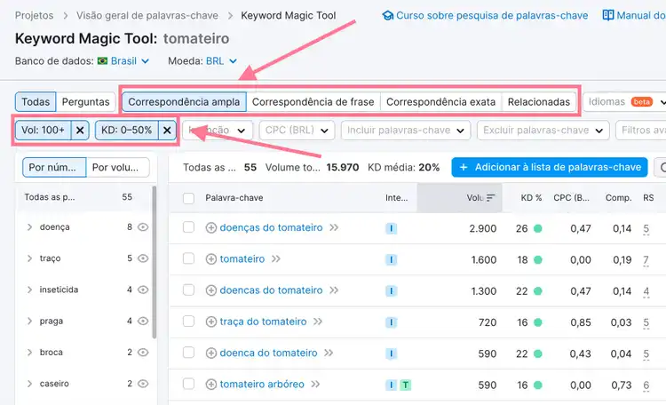 filtros da keyword magic tool