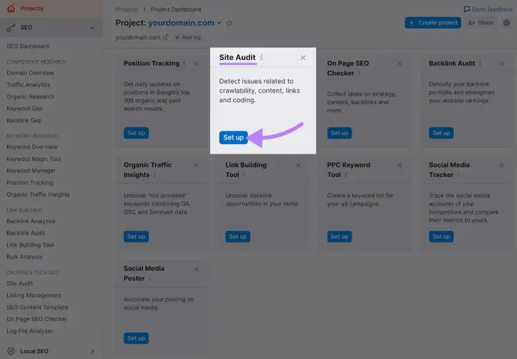 Caixa "Auditoria do site" destacada no painel de projeto Semrush
