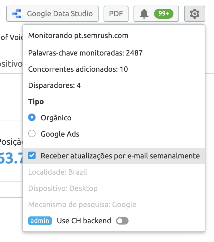 Selecionando relatórios Position Tracking