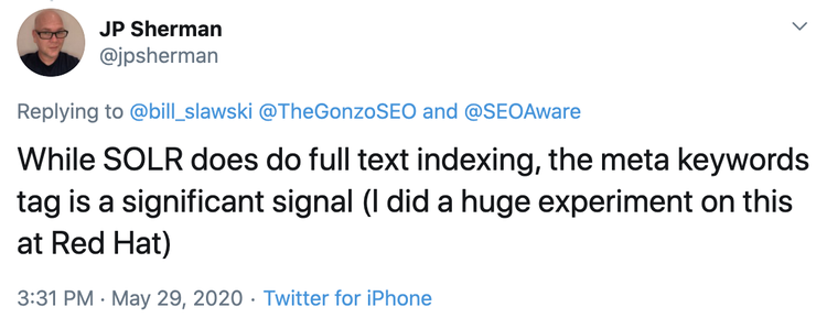 Twitter post from JP Sherman about meta keywords being significant signal in SOLR