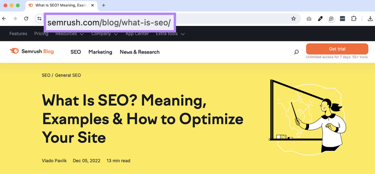 A URL da Semrush é semrush.com/blog/what-is-seo