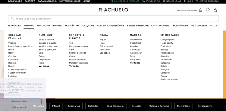 Riachuelo website footer with product categories navigation menu and black category bar