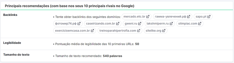 recomendações da ferramenta seo content template