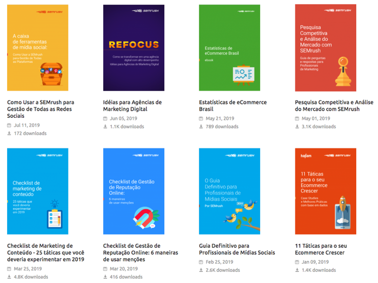 Grid de 8 e-books e guias Semrush Academy com capas coloridas e downloads