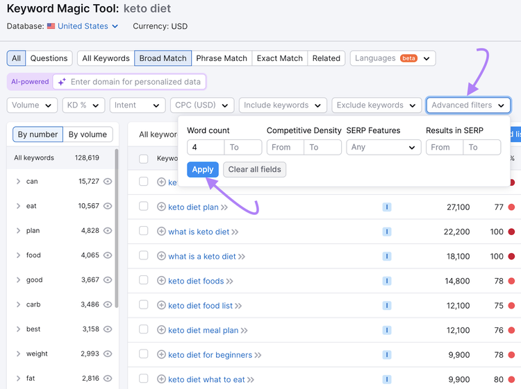 Janela de filtros avançados na Keyword Magic Tool, com um mínimo de quatro palavras definidas como contagem de palavras