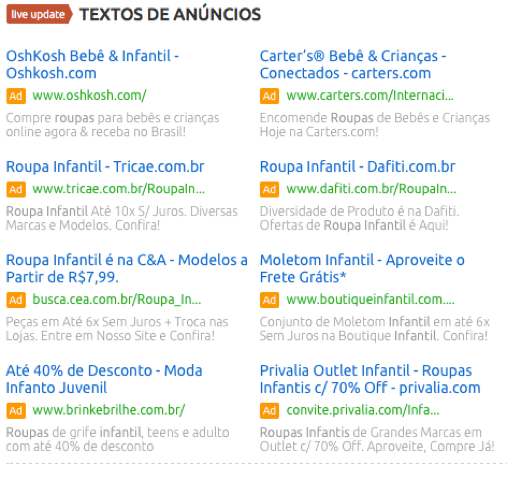 Google Ads: anúncios patrocinados para 'roupa infantil' com texto, URL e descrição