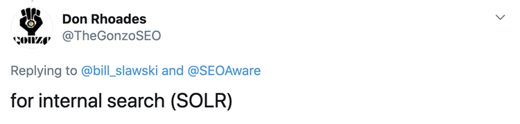 Twitter post from Don Rhoades mentioning meta keywords for internal search SOLR