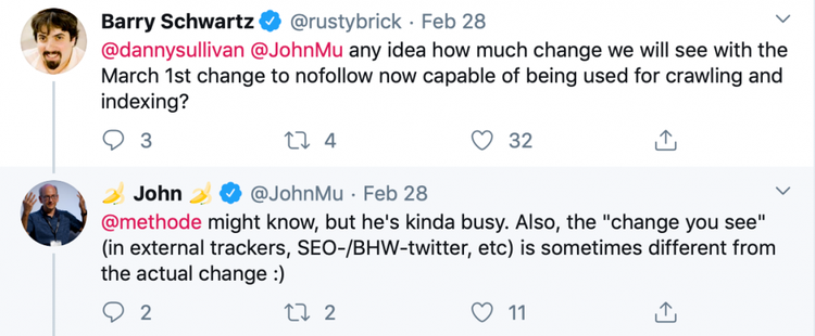 Twitter conversation between Barry Schwartz and John Mueller about nofollow attribute changes