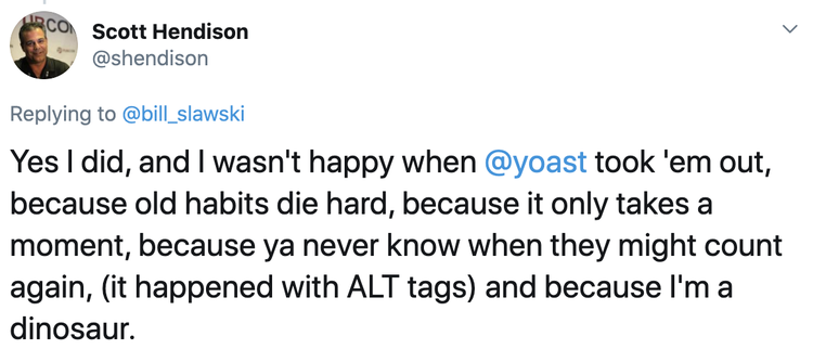 Twitter post from Scott Hendison regretting Yoast removal of meta keywords feature