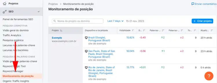 ferramenta monitoramento de posição na barra lateral esquerda da semrush