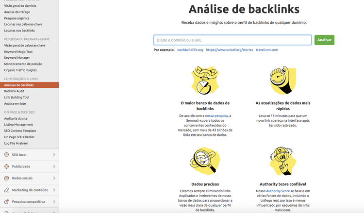 Semrush backlink analysis tool interface with four feature cards and domain input field