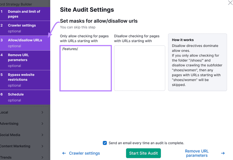 As Configurações de Auditoria do Site fazem interface com opções para especificar URLs para funções de permitir/não permitir.