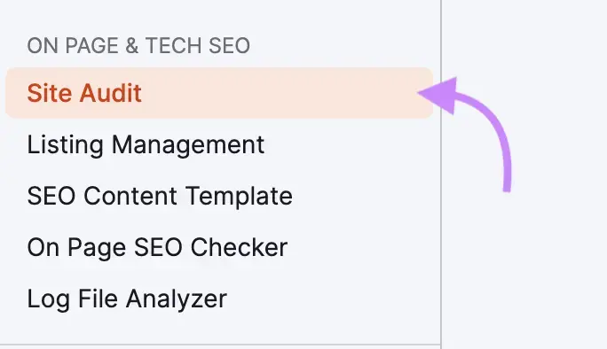 Auditoria "do Site" no menu de navegação lateral do Semrush clicado