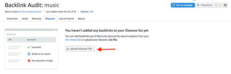 Interface Backlink Audit mostrando aba Disavow vazia com botão para upload de arquivo