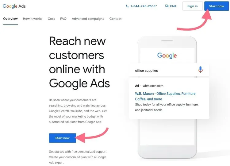 Página inicial do Google Ads