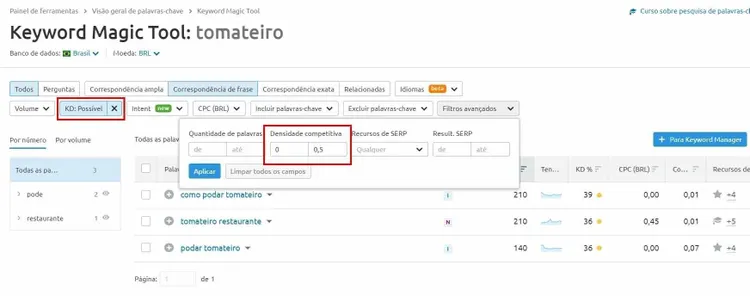 Keyword Magic Tool filter interface for phrase match keywords with difficulty settings