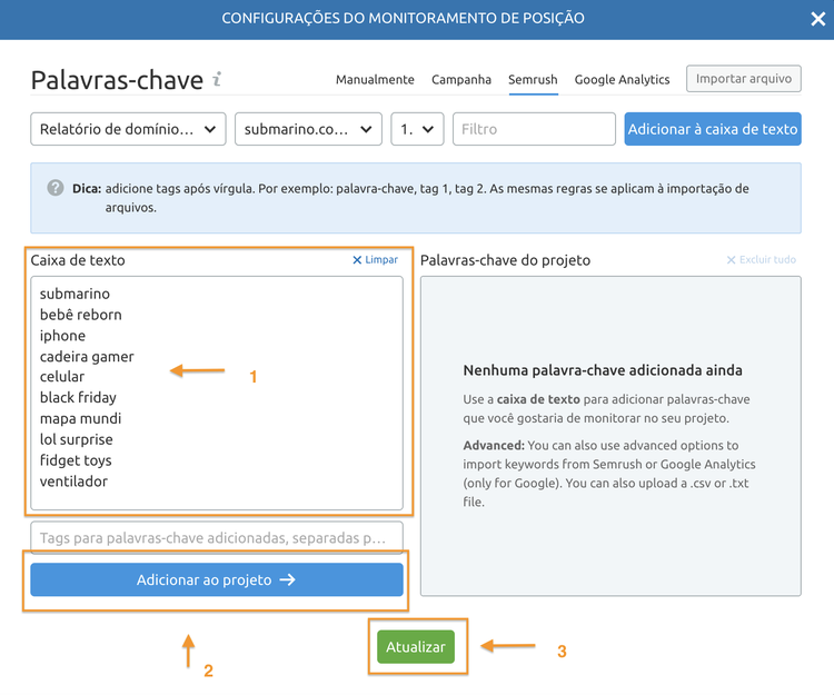 Interface de configuração de palavras-chave com lista de termos