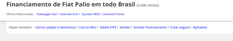 iCarros Fiat Palio financing header with 3,268 offers and related vehicle links