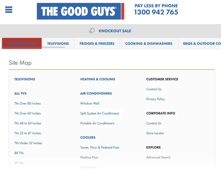 exemplo de um sitemap HTML por "The Good Guys" mostrando uma lista completa de todas as páginas em seu site