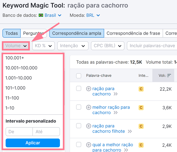 filtro de volume de pesquisa da palavra-chave
