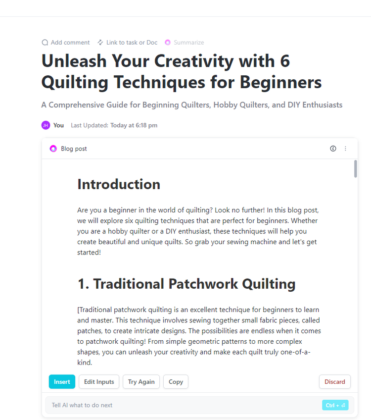 Gerador de Conteúdo de IA - resultados no ClickUp