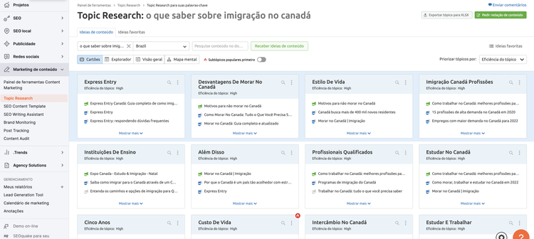 tela da ferramenta Semrush Topic Research com a palavra-chave "o que saber sobre imigração no Canadá"