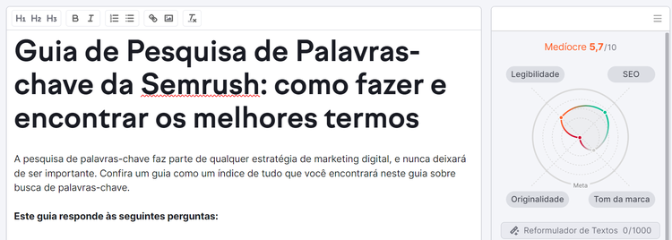 tela do seo writing assistant com gráfico e pontuação