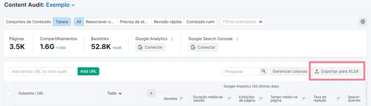 exportando planilha de resultados na ferramenta content audit