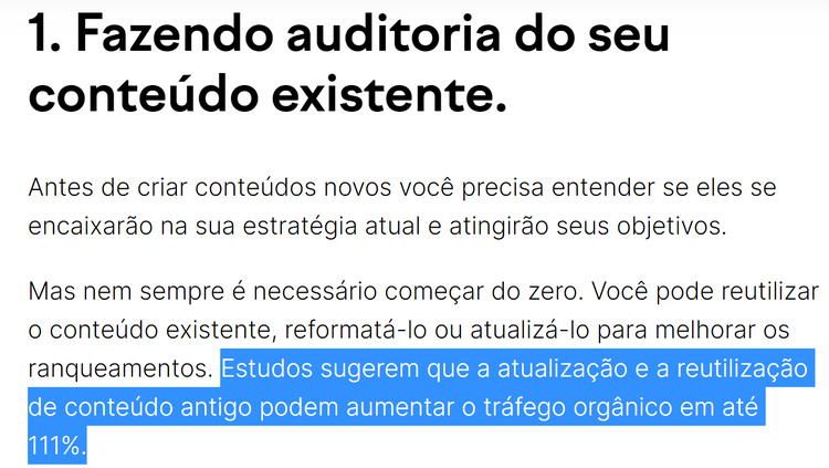Seção sobre auditoria de conteúdo existente com destaque em azul