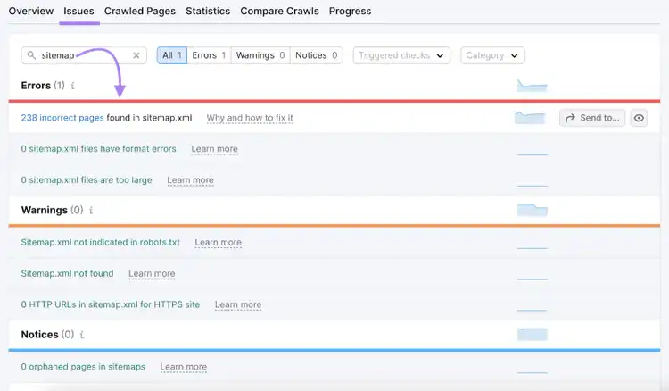 Problemas de auditoria do site com "sitemap" inserido na barra de pesquisa que mostra "238 páginas incorretas encontradas em sitemap.xml"