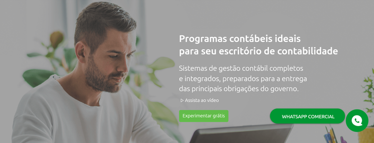 Landing page de software contábil com botão 'Experimentar grátis' e contato WhatsApp