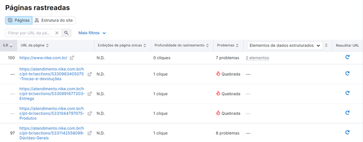 seo on-page - ferramenta auditoria do site - aba páginas rastreadas