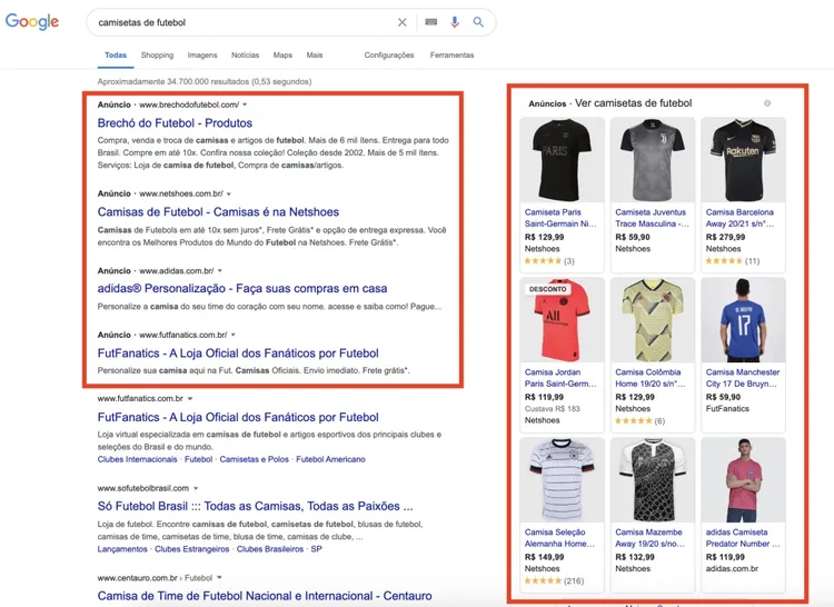 Exemplo de anúncios de PPC