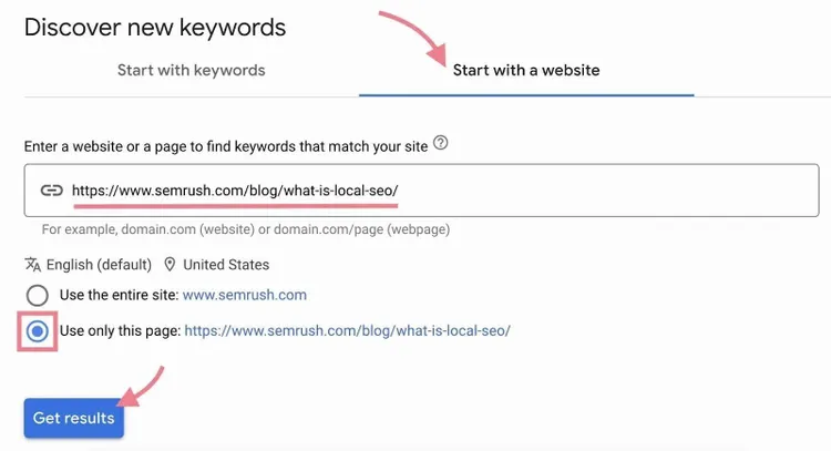 opção Start with a website ressaltada