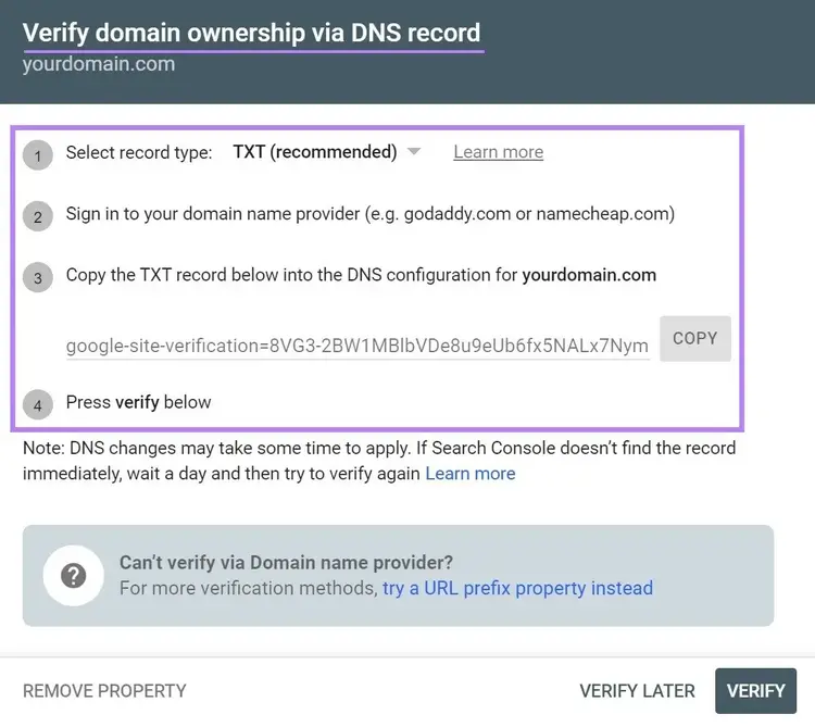 Tela "Verificar propriedade de domínio via registro DNS"