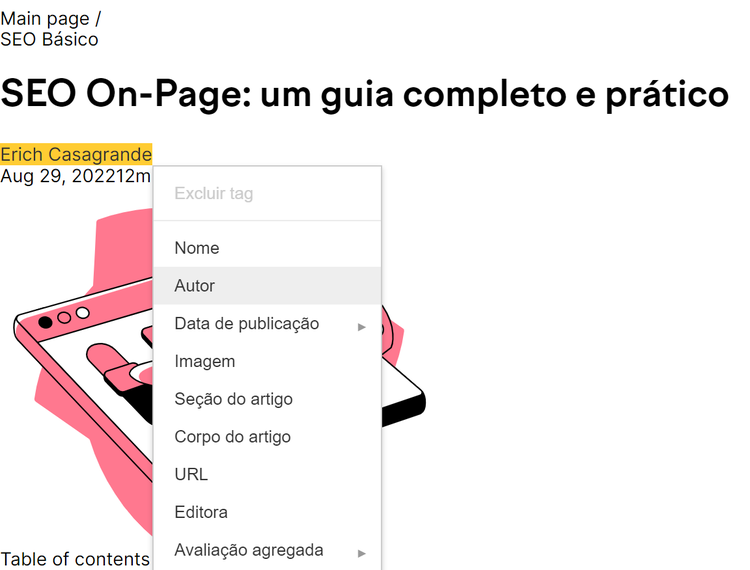 destacando um opção de marcação