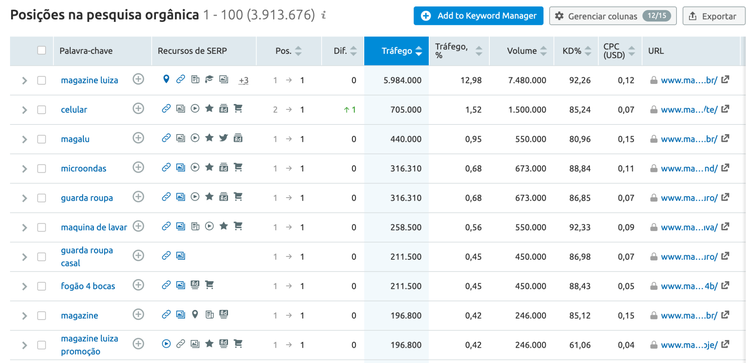 Tabela de posições de pesquisa orgânica com keywords e métricas de tráfego