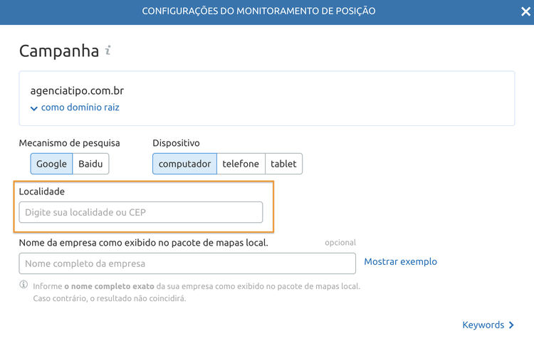 Formulário de configuração do monitoramento com opções de dispositivo