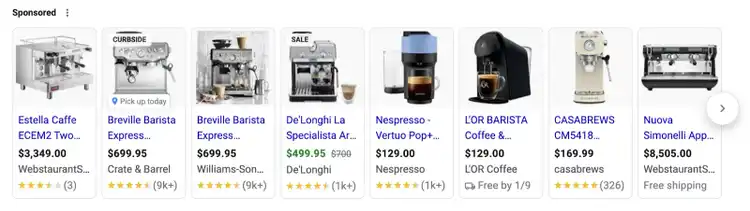 Listagens de produtos no Google para máquinas de café