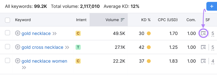 Ícone de recursos da SERP na Keyword Magic Tool da Semrush em destaque com uma seta