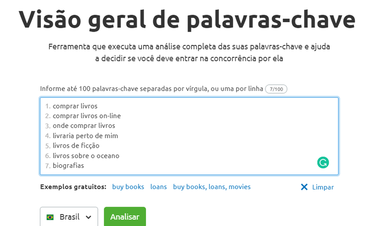Interface Keyword Overview para análise de 100 palavras