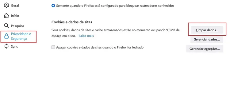 Firefox: painel de privacidade com opções para limpar cookies e dados de sites