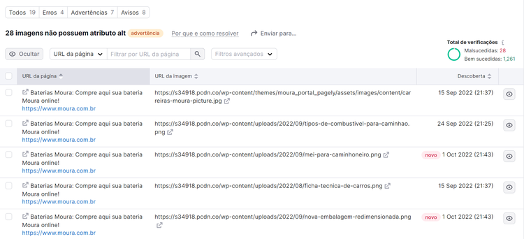 detalhes das advertências na ferramenta auditoria de site