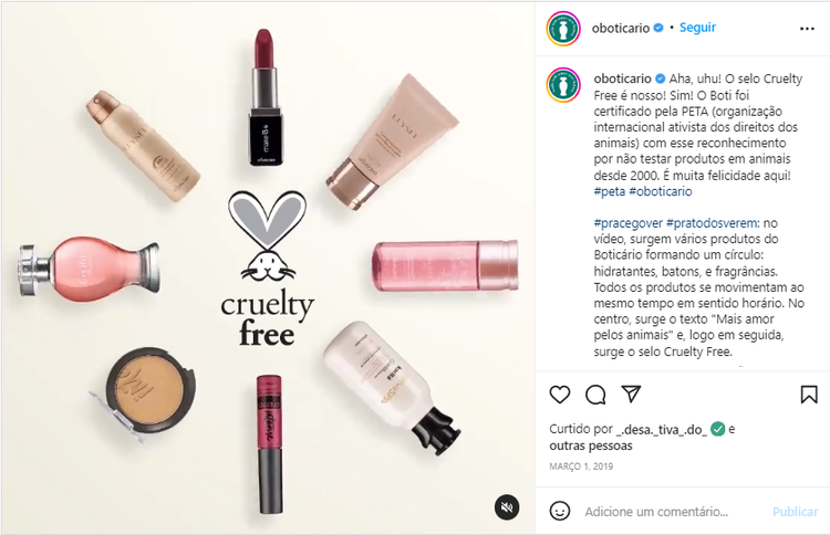 Print do feed do Instagram do Boticário, com post que anuncia selo do PETA
