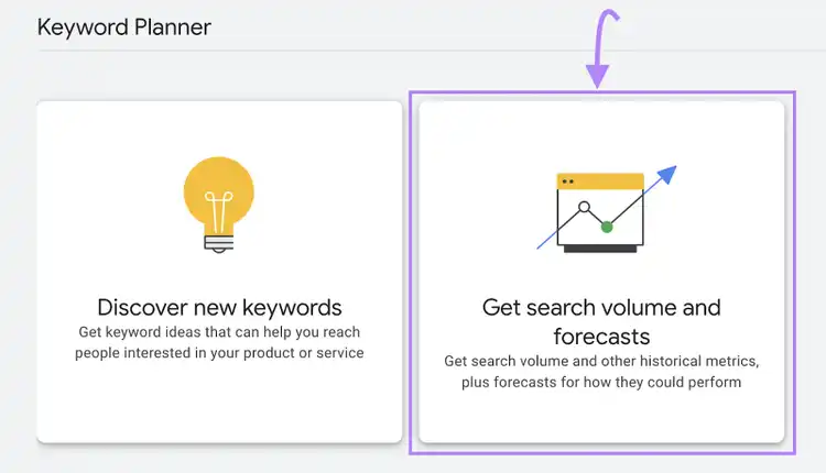 Widget "Get search volume and forecasts" (Obter volume de pesquisa e previsões) selecionado em Keyword Planner (Planejador de palavras-chave)