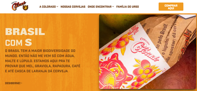 Website Colorado cervejaria: marca laranja e produtos